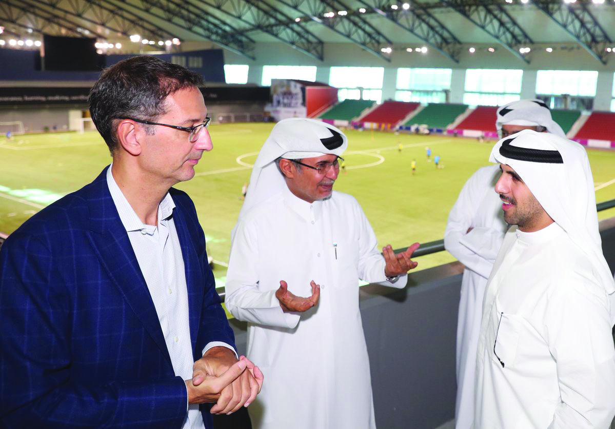 H E Sheikh Fahad bin Nasser Sabah Ahmad Al Sabah, President of the Kuwait Olympic Committee (right), speaking to Aspire Zone Foundation officials during his visit.