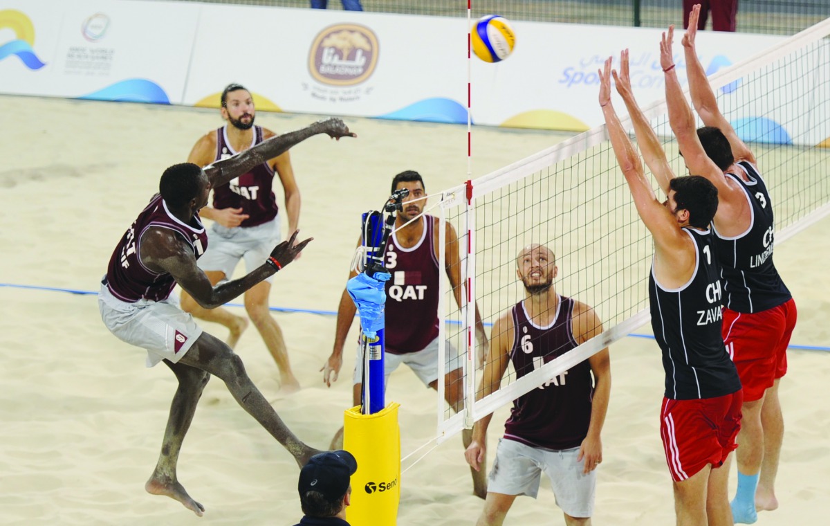 An action during the Group A beach volleyball match between Qatar and Chile yesterday. Picture: Anvar Sadath

