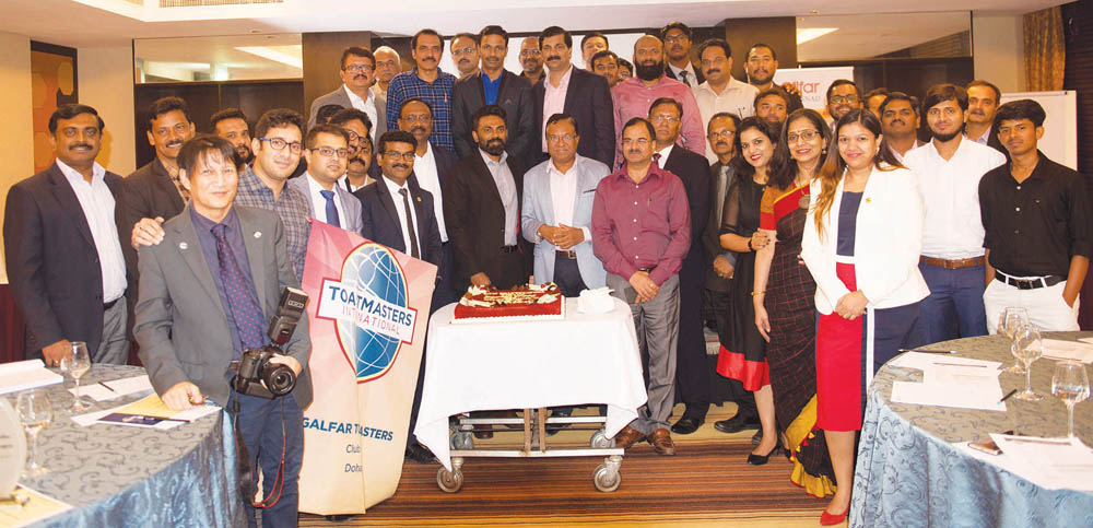 Members of the Galfar Al Misnad senior management team and dignitaries from the Toastmasters fraternity in Qatar during the GTM 201 meeting at Radisson Blu Hotel.