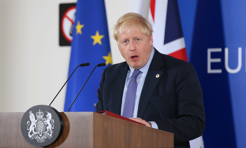 British Prime Minister Boris Johnson holds a press conference during the European Union Heads of States and Governments Leaders Summit in Brussels, Belgium on October 17, 2019. ( Dursun Aydemir - Anadolu Agency )