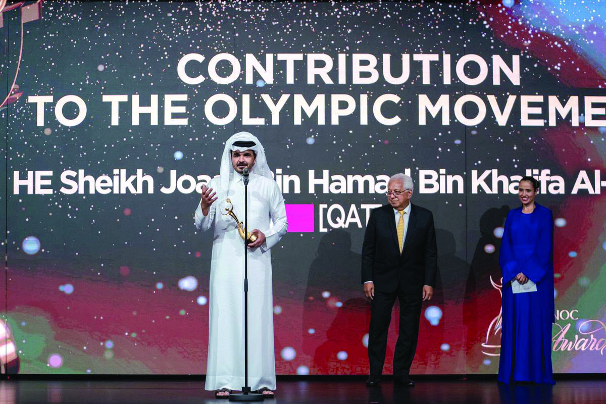 QOC President H E Sheikh Joaan bin Hamad Al Thani addressing the gathering after receiving the award for Contribution to the Olympic Movement from the Association of National Olympic Committees (ANOC) Awards at the Katara Cultural Village, on Thursday. Ac