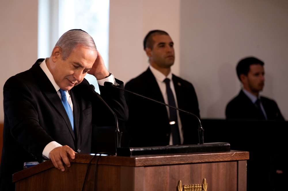 Israeli Prime Minister Benjamin Netanyahu speaks during a memorial ceremony held at the supreme court honouring former Supreme Court president Meir Shamgar who died on Saturday in Jerusalem October 22, 2019. Reuters/Ronen Zvulun