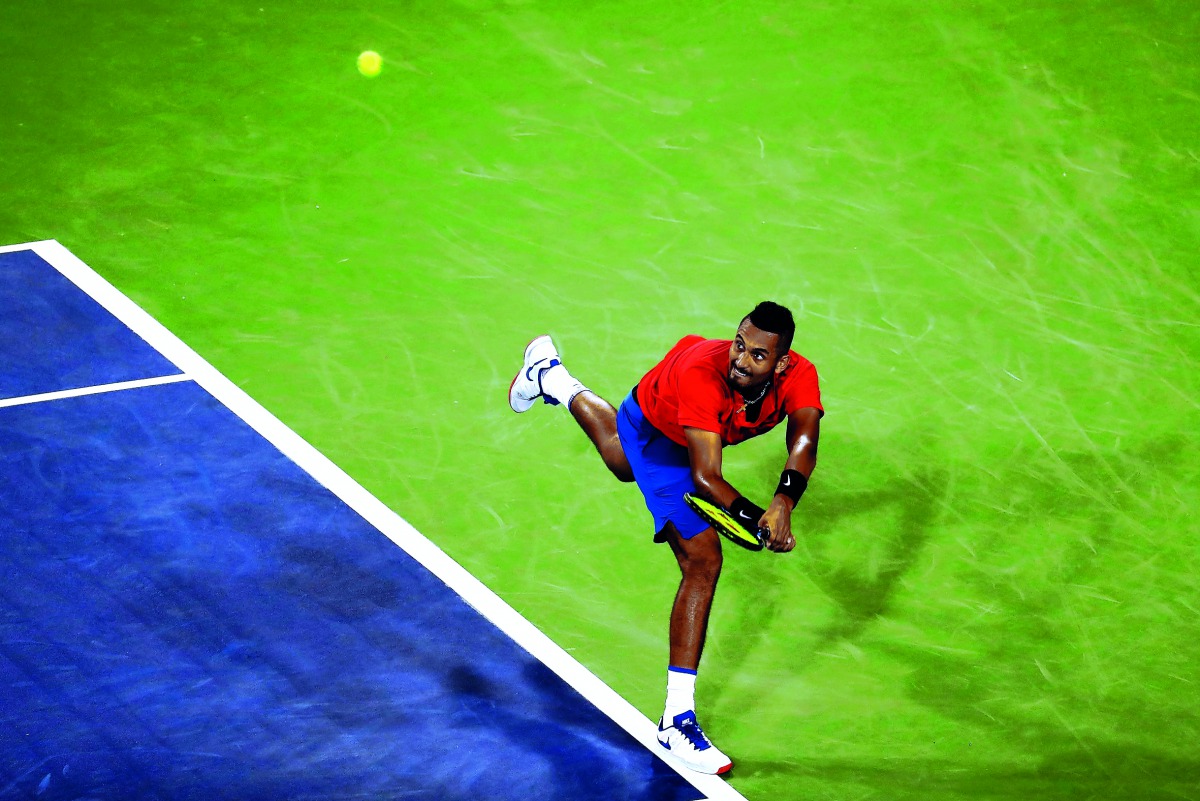 Nick Kyrgios of Australia returns a shot to Rafael Nadal of Spain during their Western and Southern Cincinnati Open quarter-final match in this file picture. 