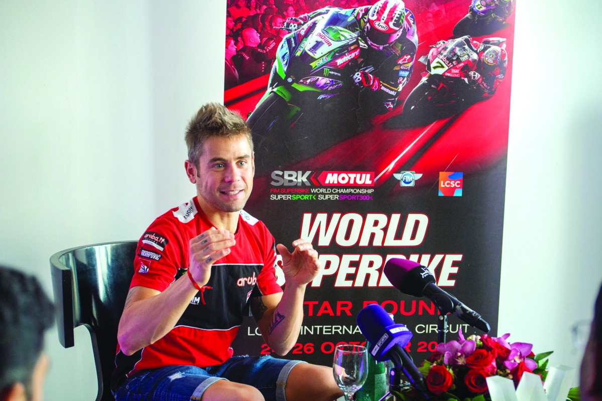 Spanish rider Alvaro Bautista speaks during a press conference held in Doha yesterday, ahead of the FIM World Superbike season finale.