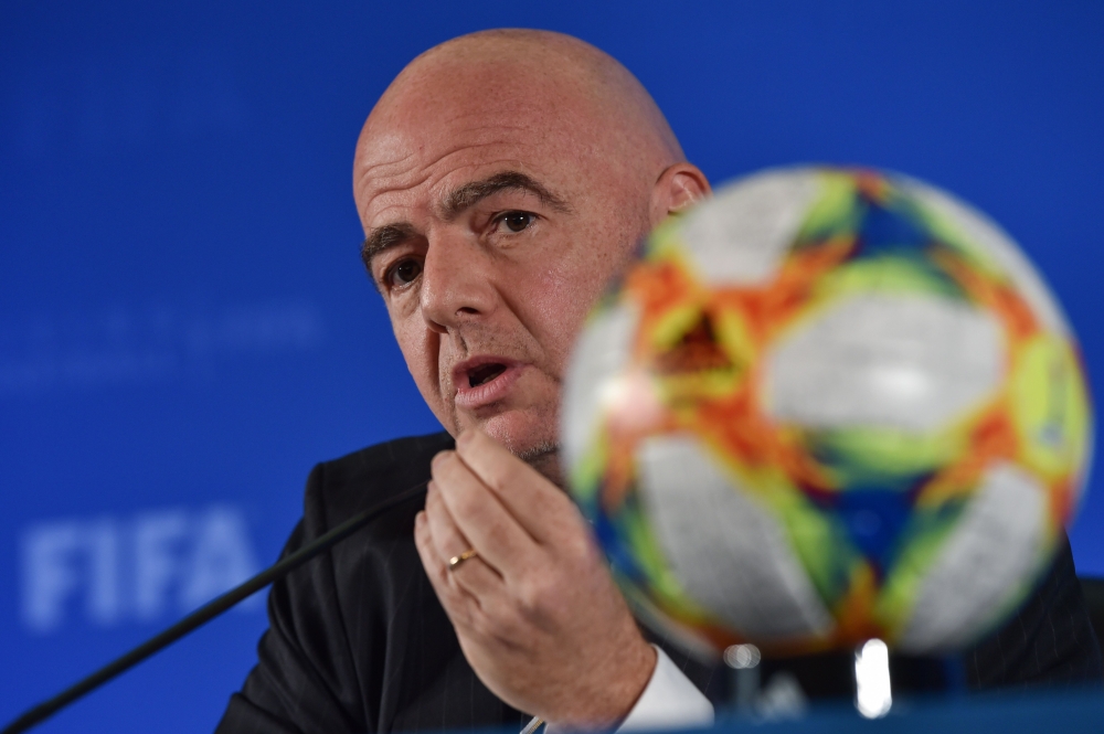 FIFA President Gianni Infantino speaks at a press conference during the football federation's Council meeting in Shanghai on October 24, 2019. FIFA has awarded the inaugural edition of its expanded 24-team Club World Cup to China, the association's presid