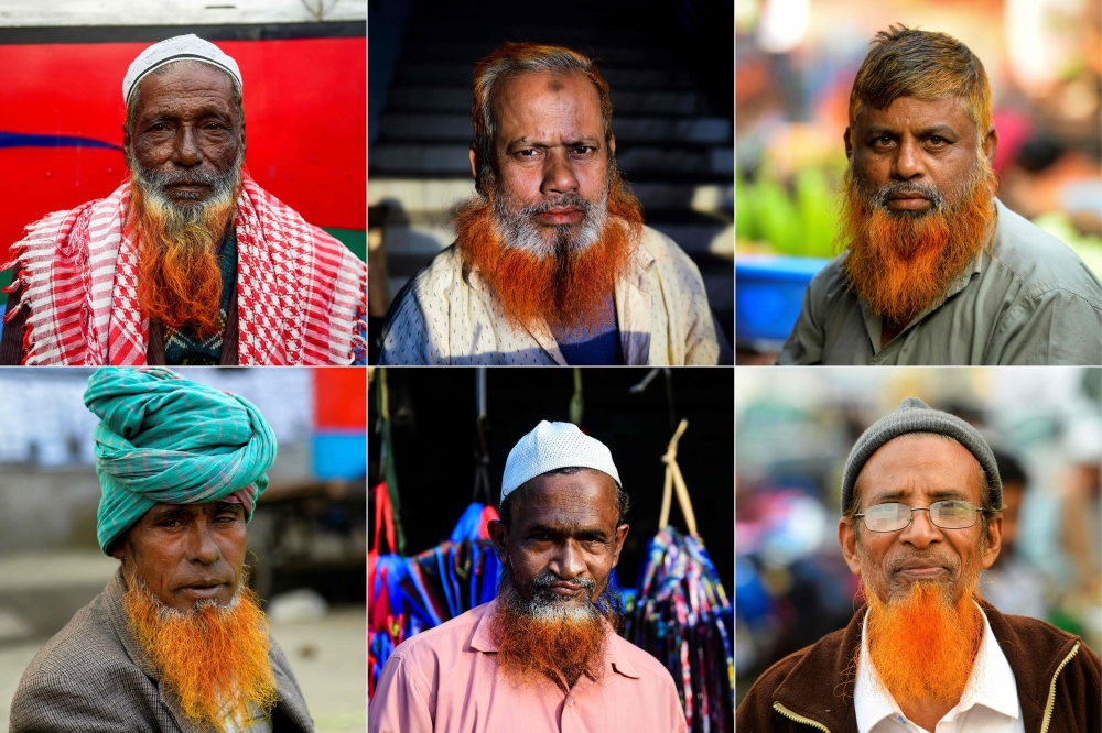 (COMBO) This combination of pictures created on January 24, 2019 shows men with henna-dyed beards in Dhaka on December 24, 2018. AFP / MUNIR UZ ZAMAN 