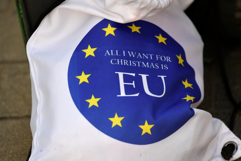 File photo of an Anti-Brexit seat cover is seen outside the Houses of Parliament in London. Reuters/Toby Melville