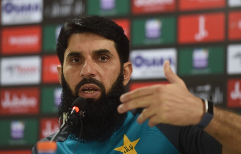 File photo of Pakistan's cricket head coach and chief selector, Misbah-ul-Haq gives a press conference in Karachi on September 25, 2019. / AFP / ASIF HASSAN