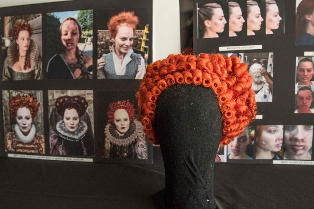 Wigs from the Oscar nominated Mary Queen of Scots are seen during the Oscar Week- Makeup and Hairstyling Symposium on February 23, 2019, in Beverly Hills. AFP / Nick Agro