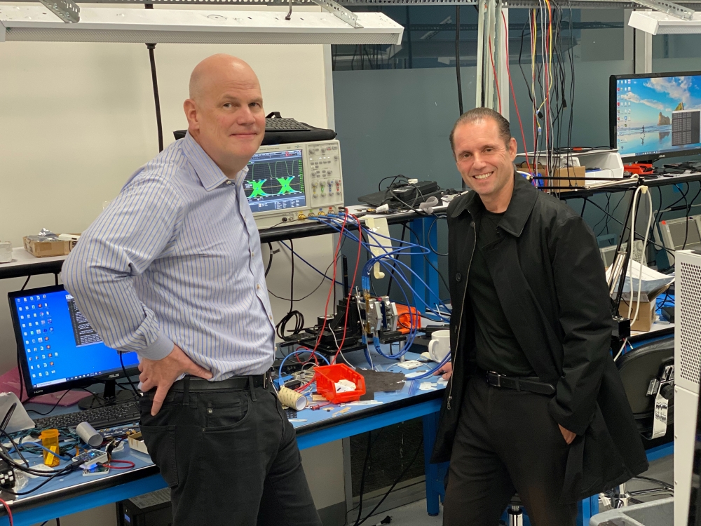 Keyssa Inc CEO Eric Almgren and Chief Wireless Strategist Ruben Caballero in one of the company's labs in Campbell, California, U.S., October 18, 2019. Reuters/Stephen Nellis
 
