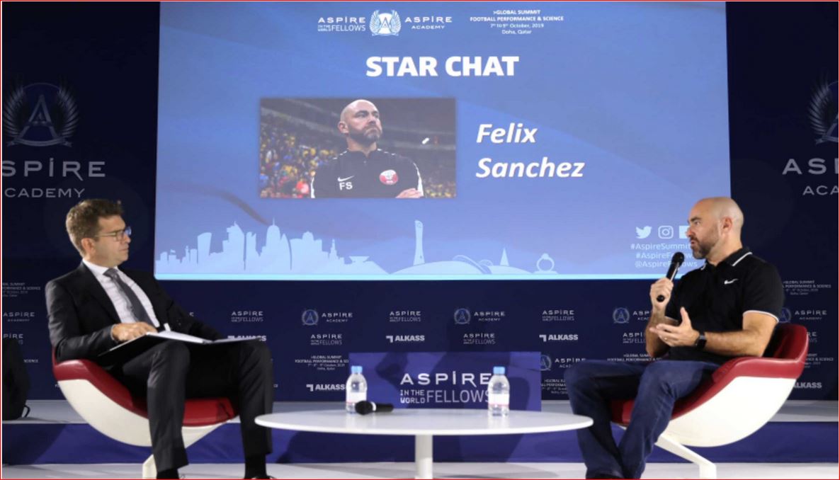 Qatar’s  coach  Felix  Sanchez  (right)  speaking  on the second day of  Aspire Academy Global Summit in this file picture