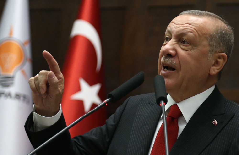 Turkish President and Leader of Turkey's ruling Justice and Development (AK) Party Recep Tayyip Erdogan speaks during his party's parliamentary group meeting at the Grand National Assembly of Turkey in Ankara, on November 5, 2019. AFP / Adem ALTAN