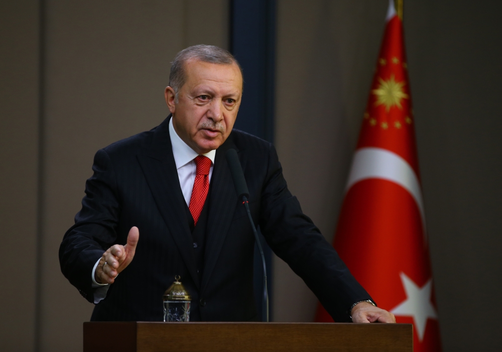 Turkish President Recep Tayyip Erdogan holds a press conference ahead of his departure to Hungary at the Esenboga Airport in Ankara, Turkey on November 07, 2019. ( Volkan Furuncu - Anadolu Agency )