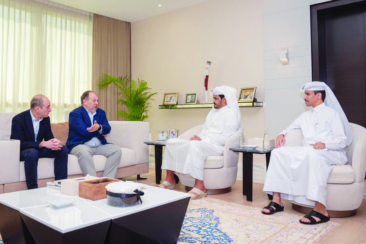 The President of Qatar Olympic Committee H E Sheikh Joaan bin Hamad Al Thani and QOC Secretary-General Jassim Rashid Al Buenain during their meeting with the President of the International Shooting Sport Federation   Vladimir Lisin during a meeting held i