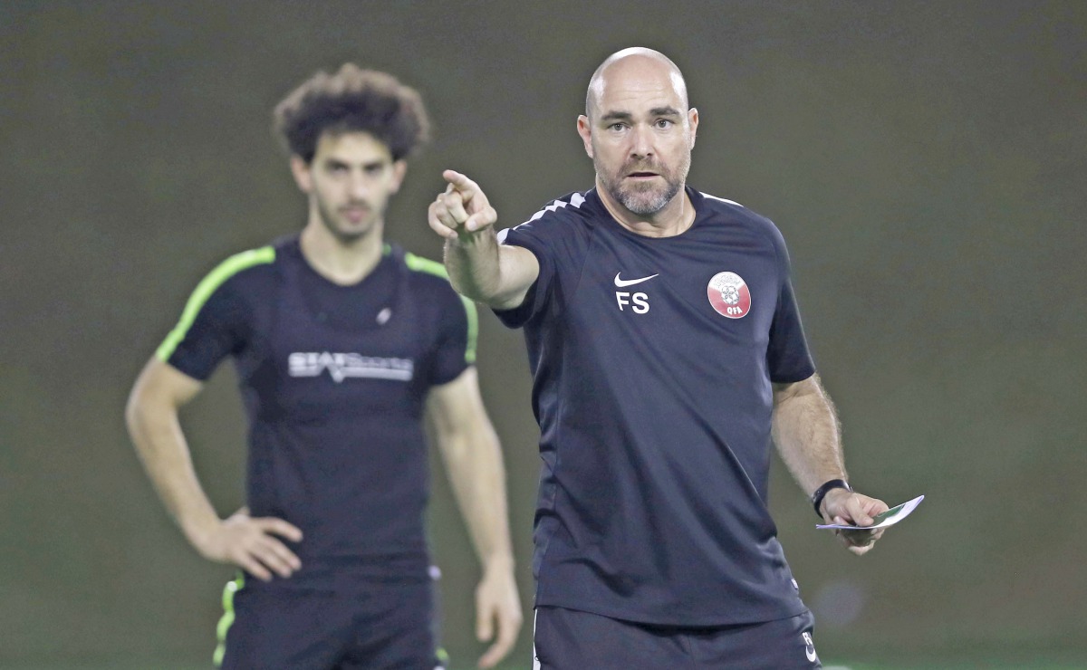 Qatari players taking part in a practice session under the watchful eyes of coach Felix Sanchez in Doha as they prepare for an international friendly against Singapore and the second round of 2022 FIFA World Cup & AFC Asian Cup 2023 Joint Qualifiers again