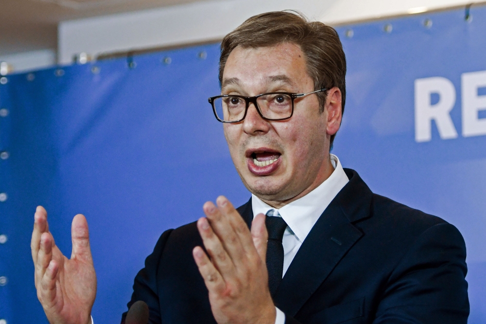 President of Serbia Aleksandar Vucic attends a news conference during the Regional Meeting Western Balkans in Ohrid on November 10, 2019. Western Balkan leaders meet on November 10, 2019 to discuss concrete organisation after they signed on October 11, 20