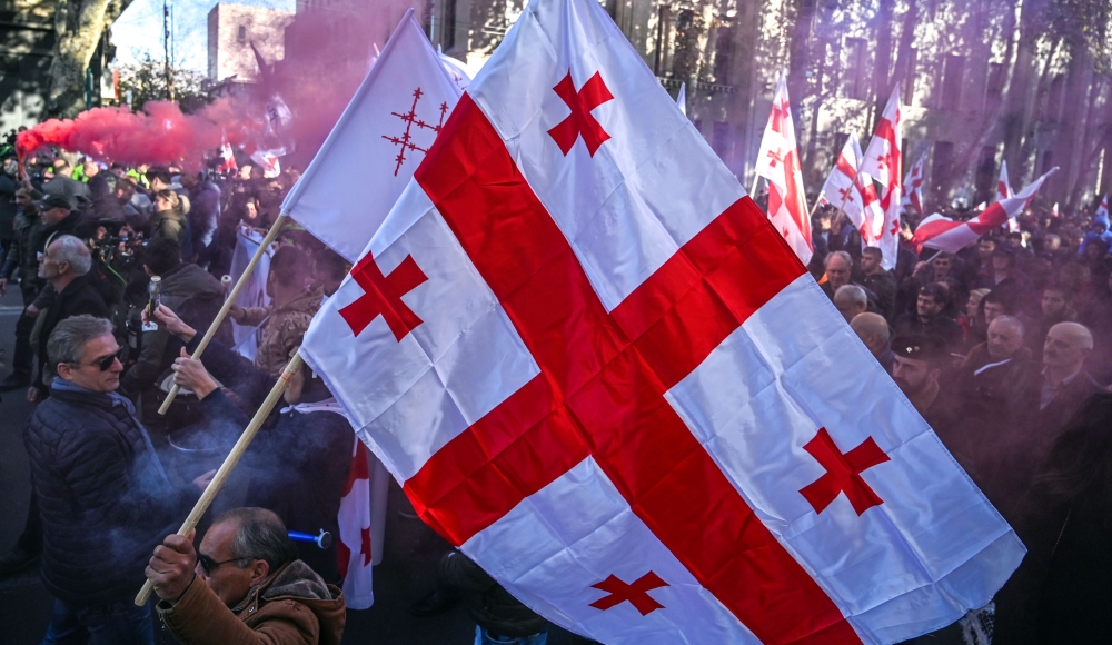 Georgian opposition supporters carry Georgian flags amid coloured smoke as they protest outside the parliament in central Tbilisi on November 17, 2019, to demand the government's resignation and early parliamentary polls.. / AFP / Vano Shlamov 