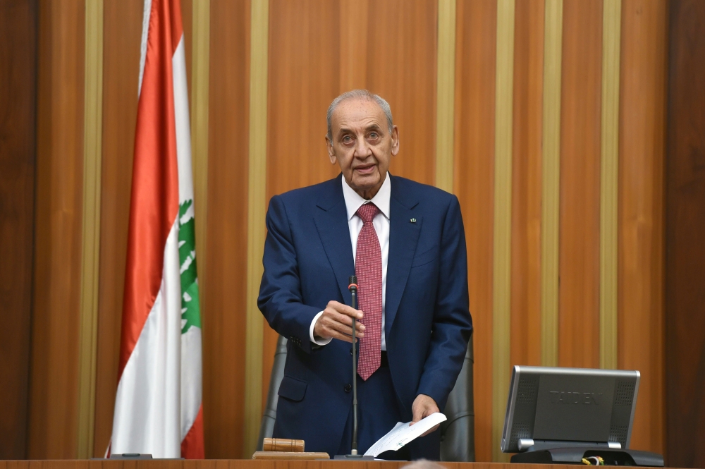 Lebanese Parliament Speaker Nabih Berri speaking after being re-elected, to a sixth consecutive term, at the parliament in downtown Beirut on May 23, 2018.  AFP / Lebanese Parliament 