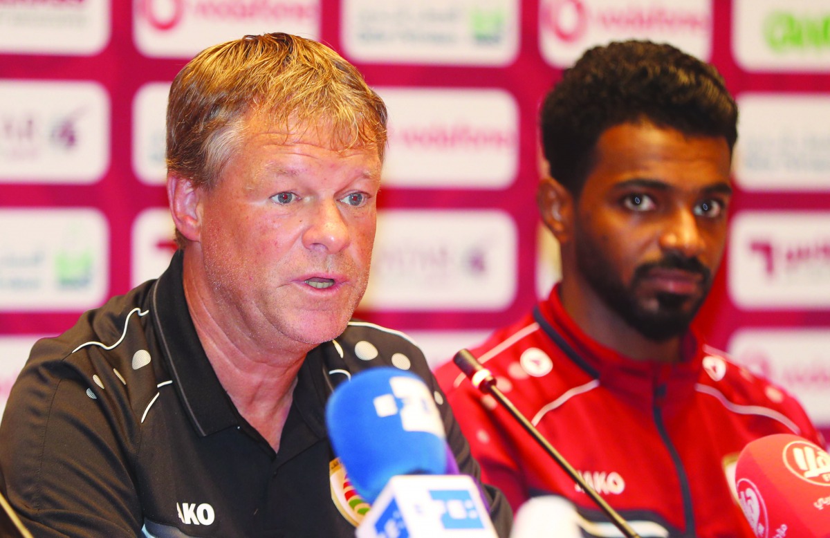 Oman’s head coach Erwin Koeman (left) speaks during a pre-match press conference in Doha yesterday, on the eve of their opening match of the 24th Arabian Gulf Cup against Bahrain. 