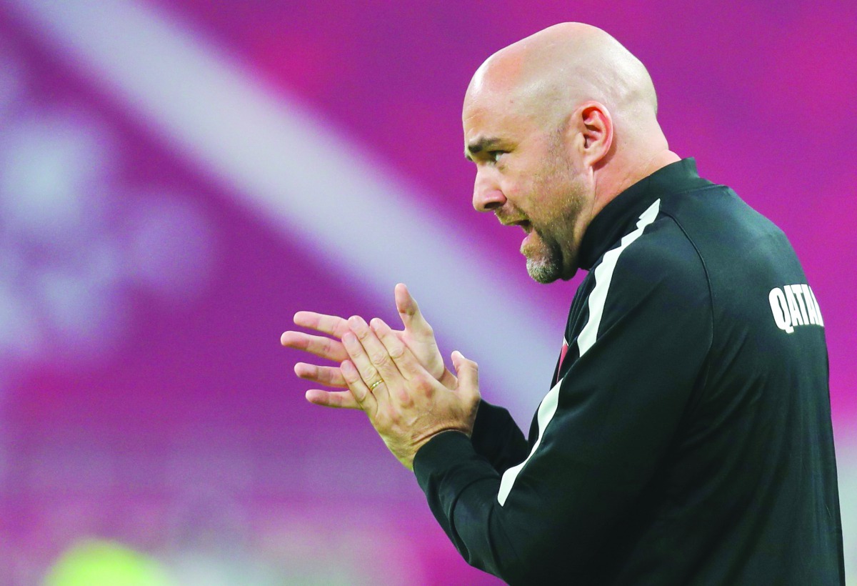 Coach Felix Sanchez gestures during  Qatar’s opening match in the 24th Arabian Gulf Cup against Iraq on Tuesday.