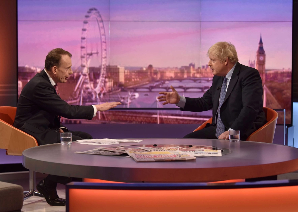 Prime Minister Boris Johnson appears on The Andrew Marr Show of BBC TV in London, Britain, December 1, 2019. Jeff Overs/BBC/ via Reuters 