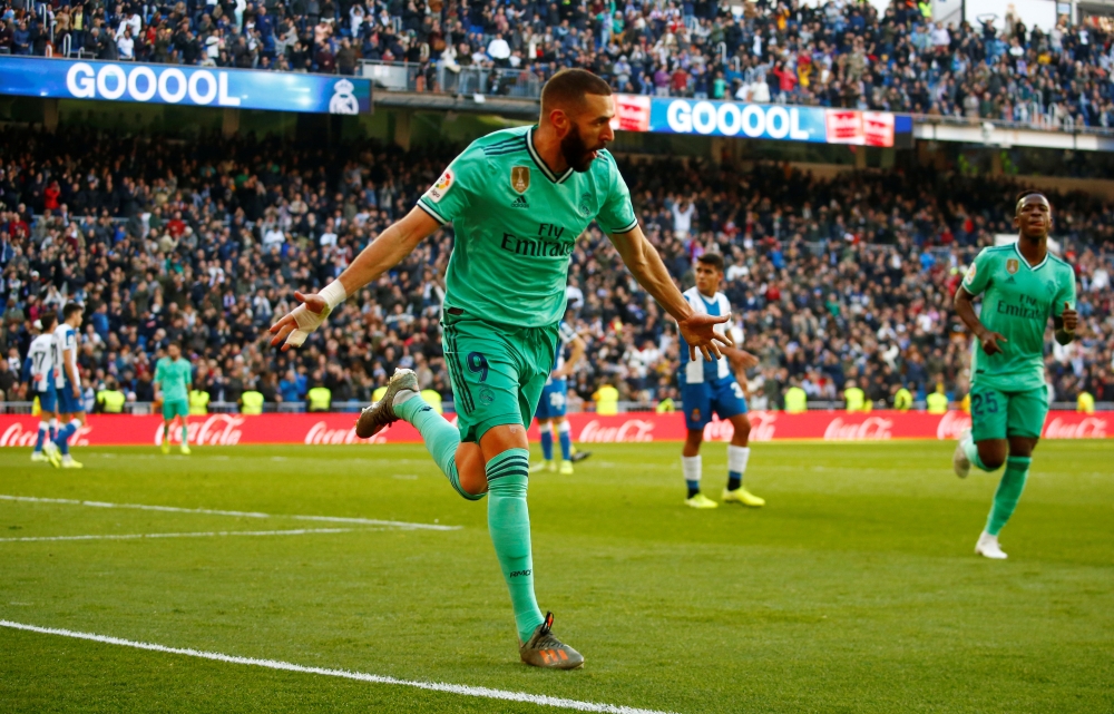 Karim Benzema celebrates scoring their second goal . December 7, 2019 . REUTERS/Javier Barbancho
 