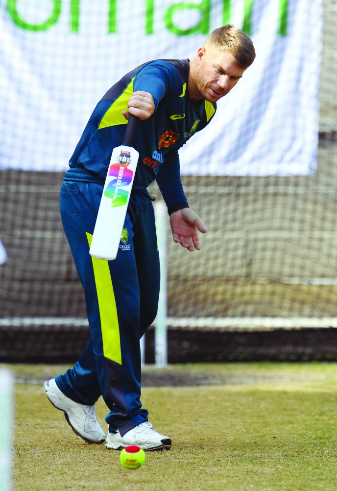 Australian batsman David Warner plays a shot in the nets ahead of the second cricket Test match between Australia and New Zealand in Melbourne on 25 December, 2019. AFP / William West