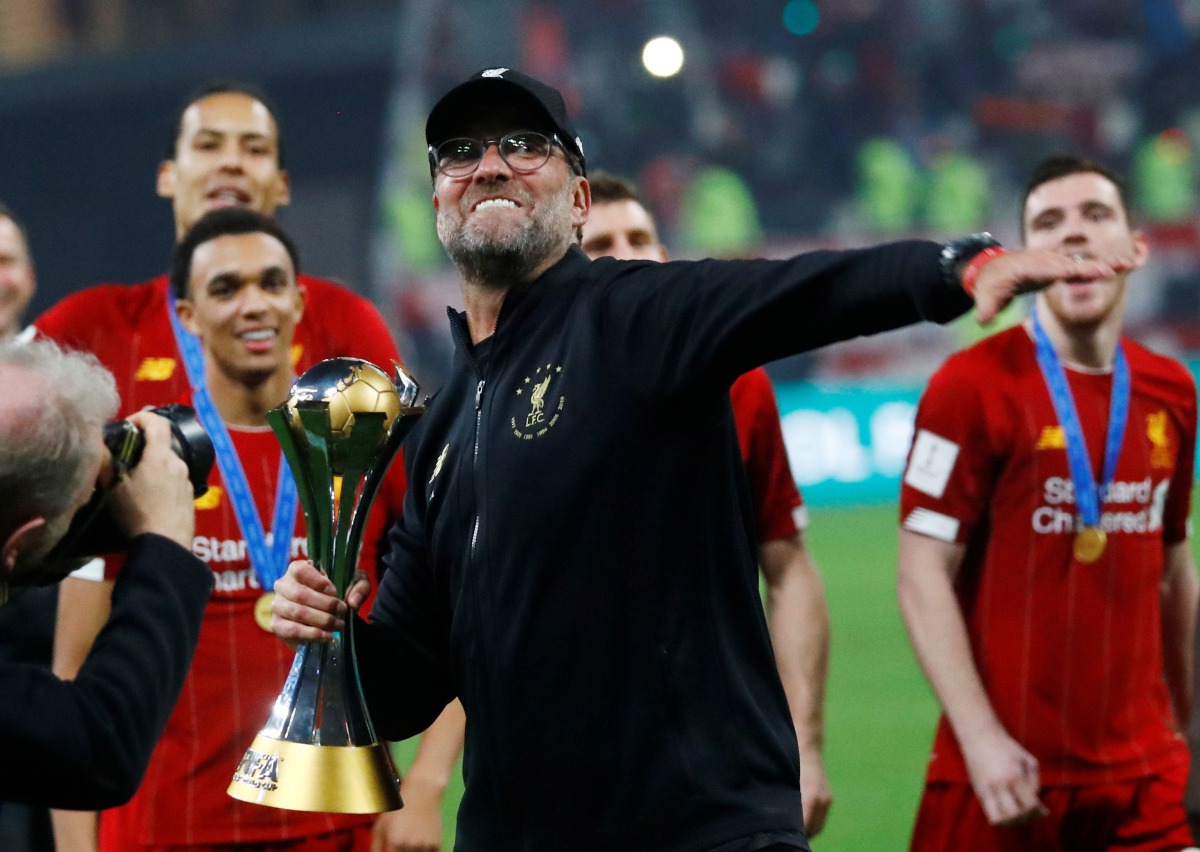 Liverpool manager Juergen Klopp celebrates with the trophy after winning the Club World Cup, Liverpool v Flamengo, Khalifa International Stadium, Doha, December 21, 2019  Reuters/Kai Pfaffenbach