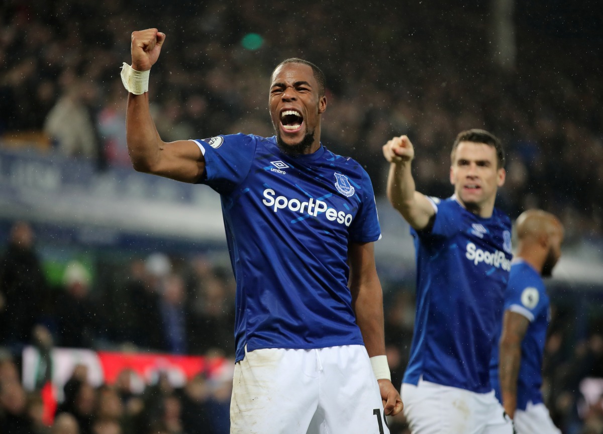 Everton's Djibril Sidibe celebrates their first goal scored by Dominic Calvert-Lewin with teammates Action Images via Reuters/Molly Darlington