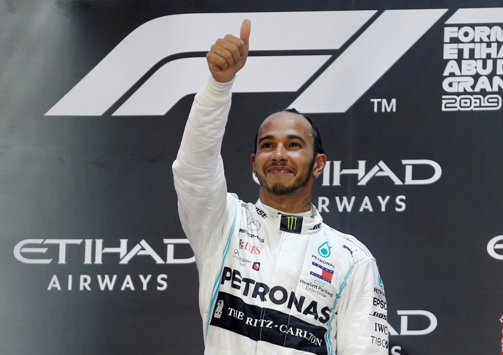 Lewis Hamilton celebrates after winning the race  Formula One F1. Abu Dhabi. December 1, 2019. /REUTERS/Hamad I Mohammed
