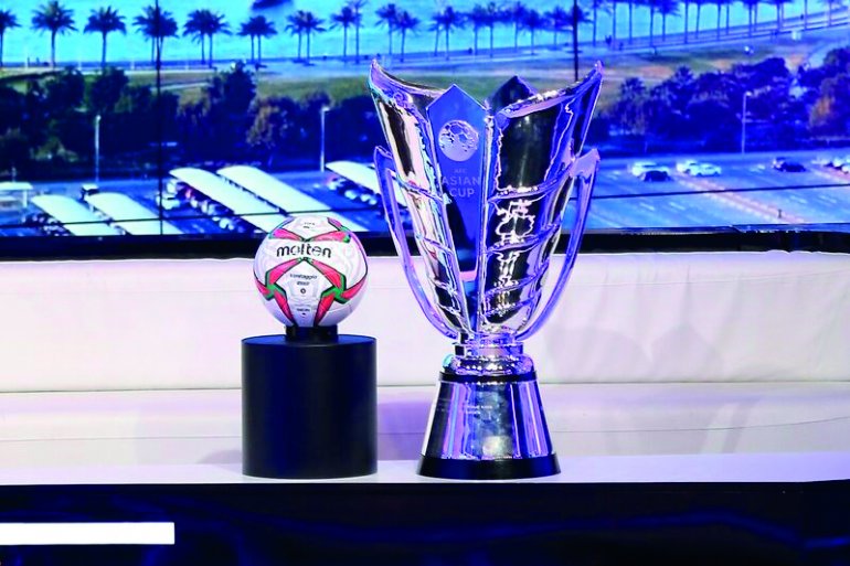 The AFC Asian Cup trophy and the official ball, on display at the beIN SPORT studio complex. Doha. December 5, 2018