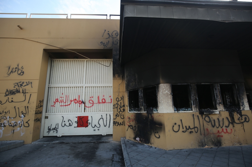 A picture shows the entrance leading to the US embassy in the capital Baghdad on January 2, 2020, which was damaged the day before by Hashed supporters. AFP / Ahmad Al-Rubaye 