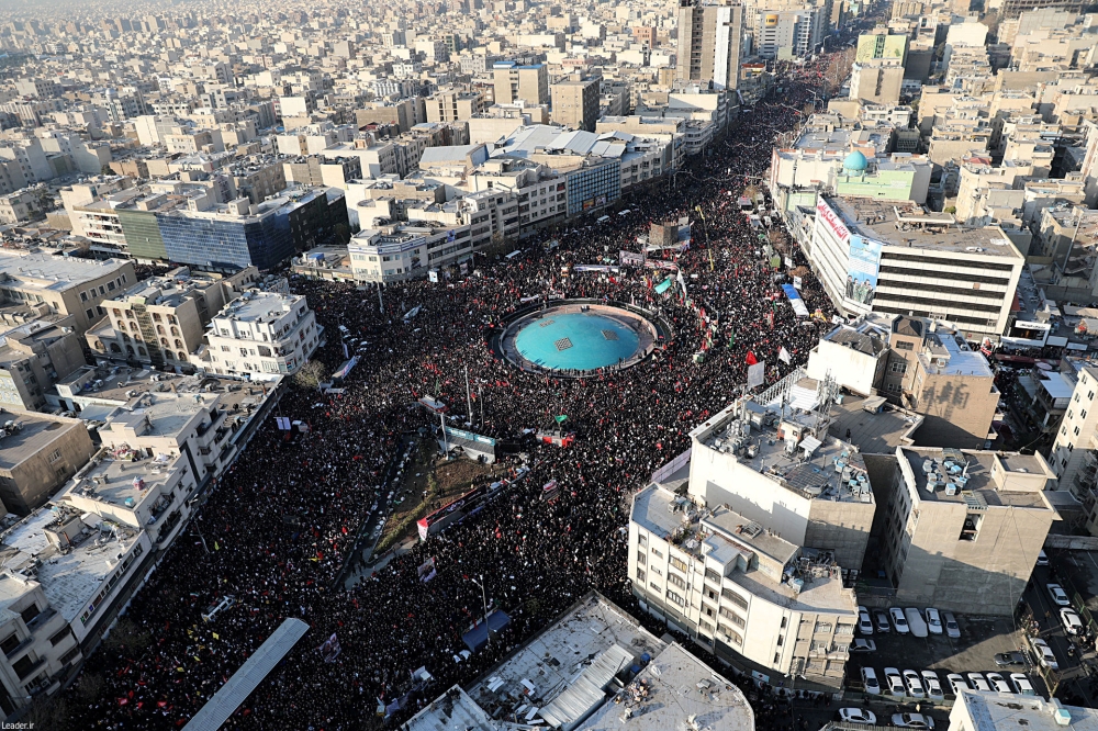 People attend a funeral procession for Iranian Major-General Qassem Soleimani, head of the elite Quds Force, and Iraqi militia commander Abu Mahdi al-Muhandis, who were killed in an air strike at Baghdad airport, in Tehran, Iran January 6, 2020. Official 