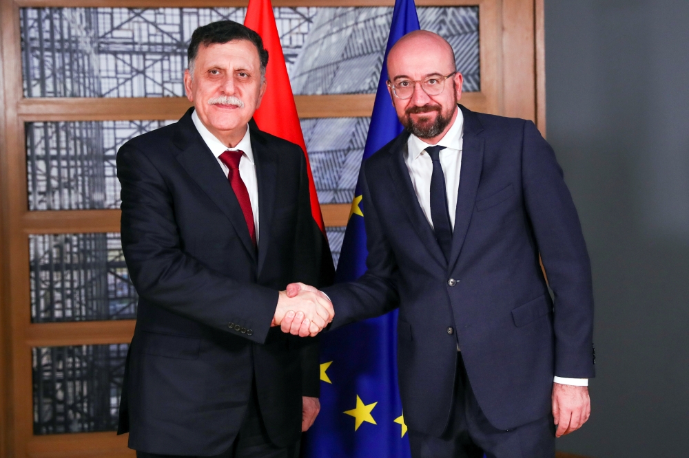 Libya's UN-recognised Prime Minister Fayez al-Sarraj meets European Council President Charles Michel in Brussels, Belgium January 8, 2020. Francisco Seco/Pool via Reuters
 