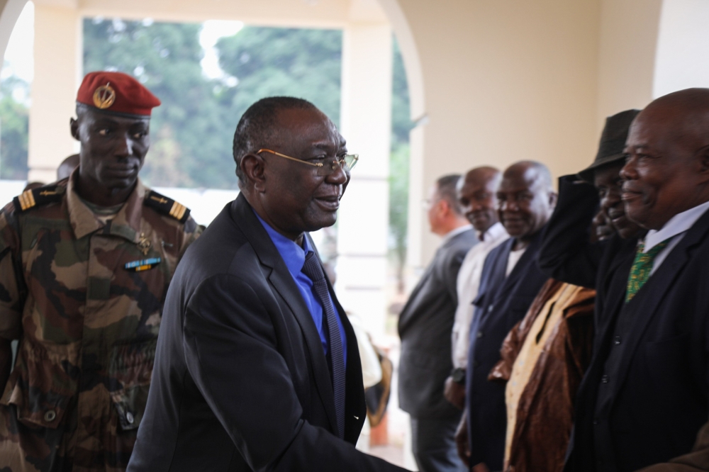 Former Central African Republic president Michel Djotodia (C) is received in Bangui on January 10, 2020 by his political supporters. Former Central African Republic rebel leader and president Michel Djotodia returned to Bangui on January 10, 2020, exactly