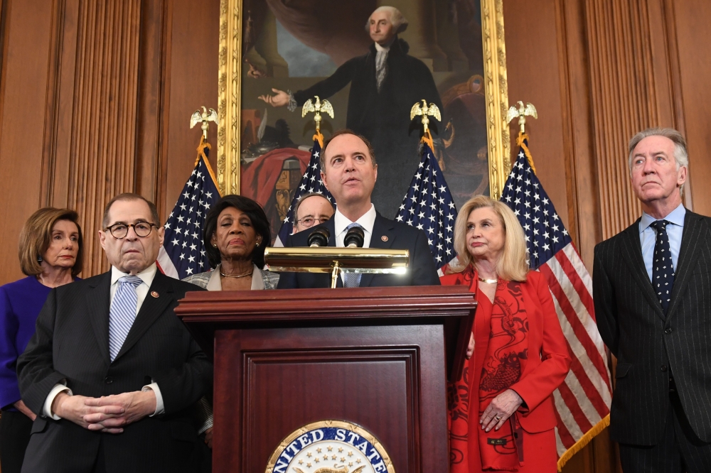 Adam Schiff, Jerry Nadler (2ndL) Nancy Pelosi (L) Eliot Engel (R),  Maxine Waters (3rdL)  , and Carolyn Maloney (2ndR) in a file photo. AFP / Saul Loeb