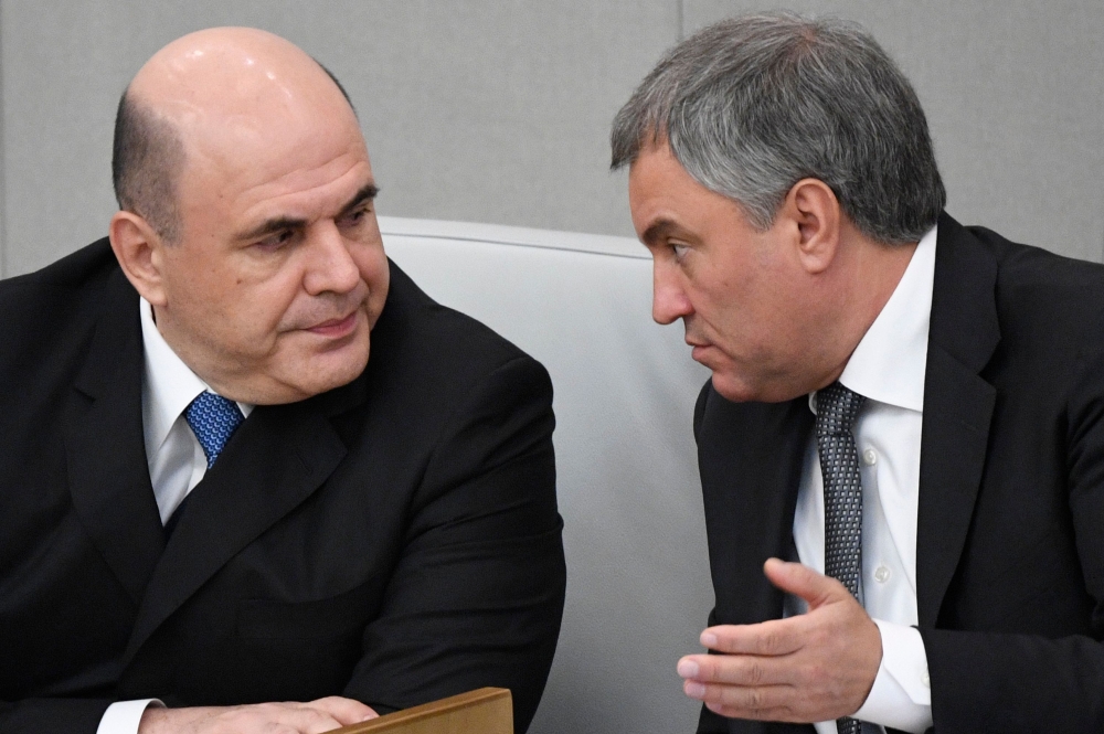 Mikhail Mishustin, President Vladimir Putin's nominee for the post of prime minister, listens to speaker Vyacheslav Volodin during a session of the State Duma lower parliament in Moscow on January 16, 2020. AFP / Alexander Nemenov 