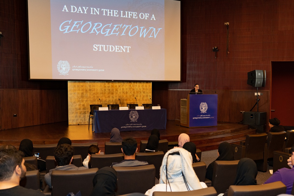 The Assistant Director of Admissions at Georgetown University in Qatar, Mariam Lachin, addressing the students at the open house. 
