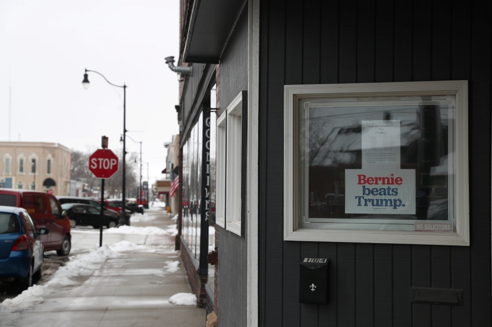 A banner for Democratic U.S. presidential candidate Senator Bernie Sanders is placed at Indianola, Iowa, U.S., January 23, 2020. REUTERS/Ivan Alvarado