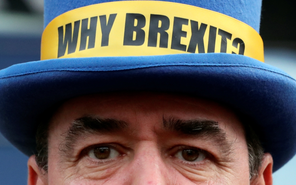Westminster protester and anti-Brexit activist Steve Bray takes part in a protest outside the EU Parliament in Brussels, Belgium January 23, 2020. Reuters/Yves Herman