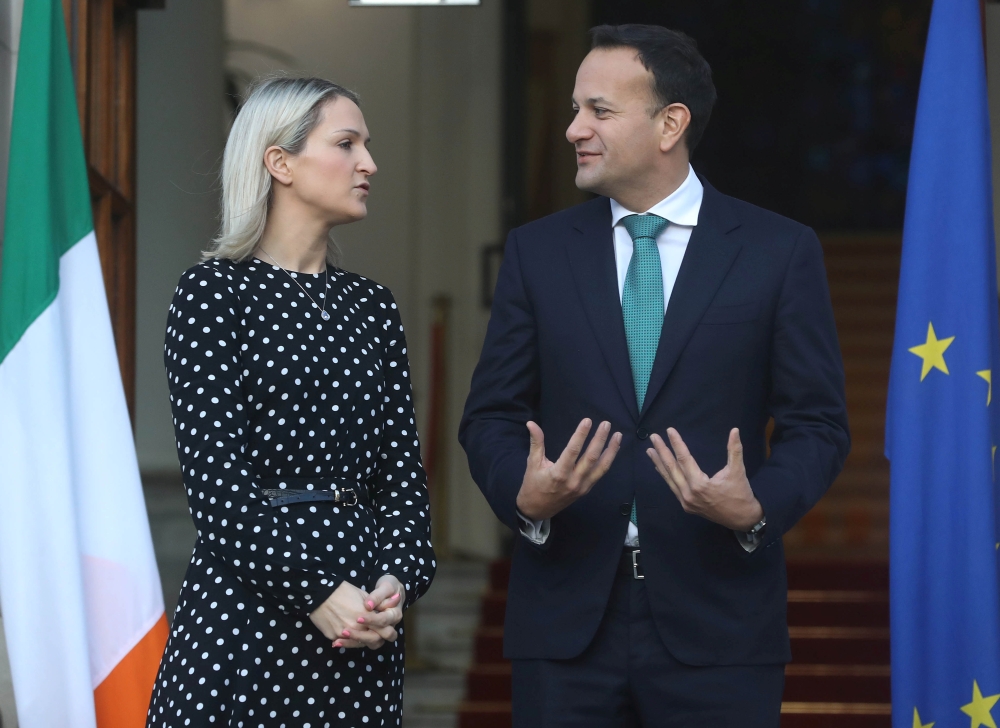 Helen McEntee, Minister of State for European Affairs and Taoiseach (Prime Minister) Leo Varadkar await the arrival of European Union's chief Brexit negotiator Michel Barnier at Government Buildings in Dublin, Ireland January 27, 2020. Reuters/Lorraine O'