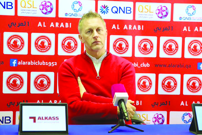 Al Arabi coach Heimir Hallgrimsson speaking at a press conference on the eve of the QNB Stars League match against Umm Salal in Doha yesterday.