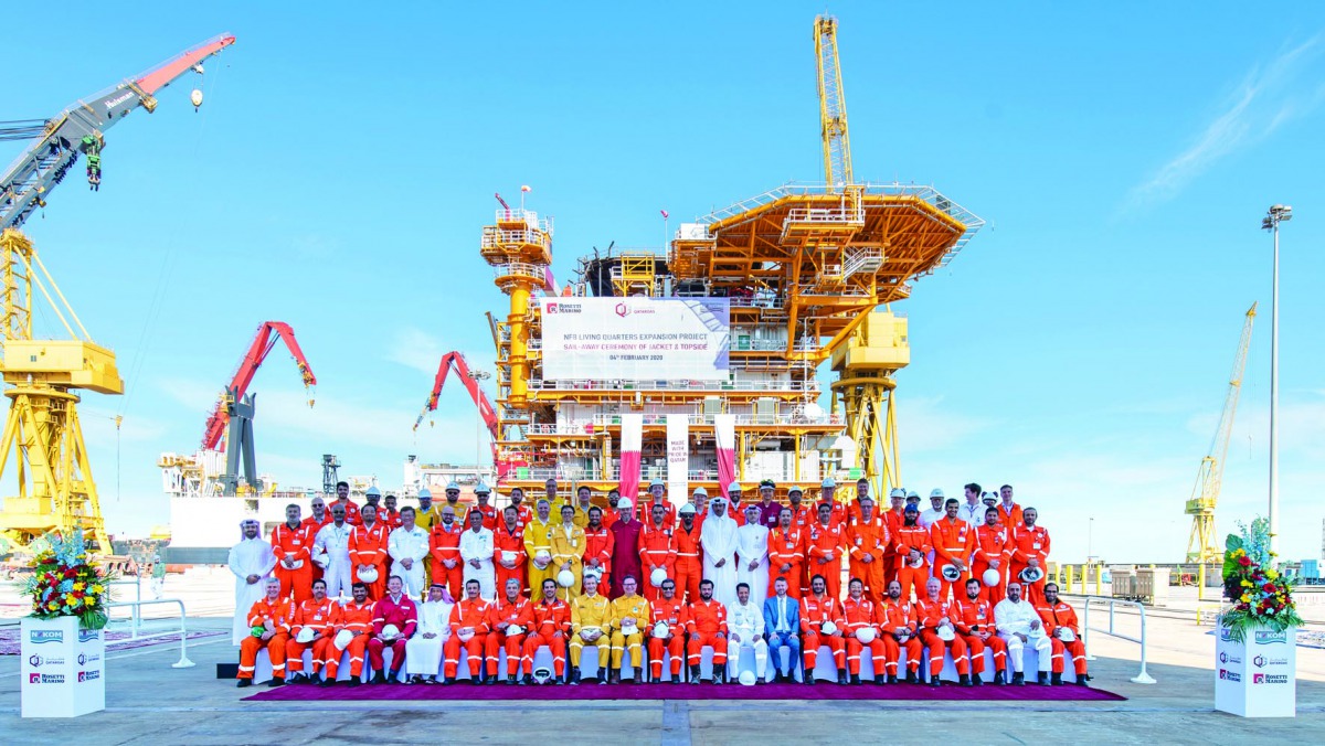 Senior officials of Qatargas, Nakilat-Keppel Offshore & Marine Ltd (N-KOM), Rosetti Marino and Heerema at the ceremony held in Ras Laffan yesterday.