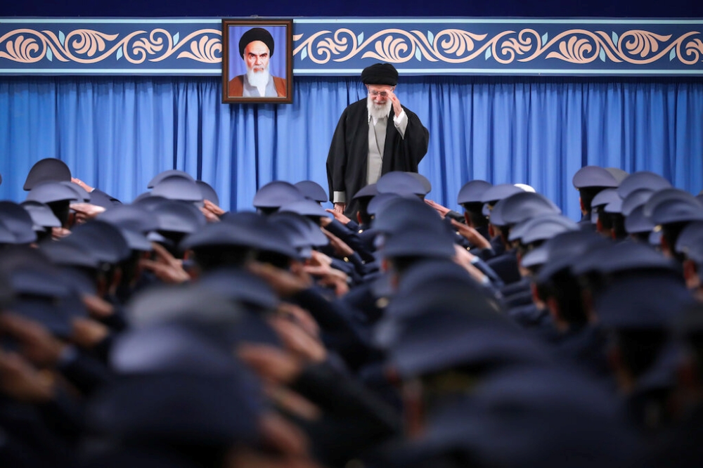 Iran's Supreme Leader Ayatollah Ali Khamenei gestures as he meets a group of Iranian Air Force officers in Tehran, Iran February 8, 2020.