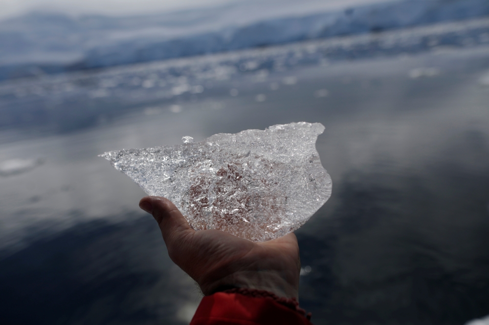 A small block of ice is displayed for a photo, close to Fournier Bay, Antarctica, February 3, 2020. Picture taken February 3, 2020. REUTERS/Ueslei Marcelino