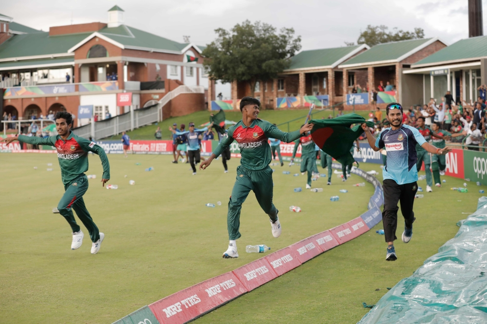 Bangladesh cricket players react after winning the ICC Under-19 World Cup cricket finals between India and Bangladesh at the Senwes Park, in Potchefstroom, on February 9, 2020. AFP / Michele Spatari 