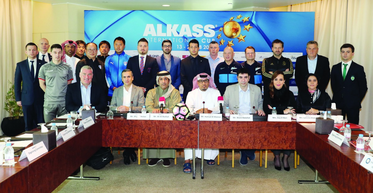 Representatives of the participating teams posing for a photograph with the officials of the Organising Committee during a technical meeting held in Doha yesterday, ahead of the 2020 Al Kass International Cup.