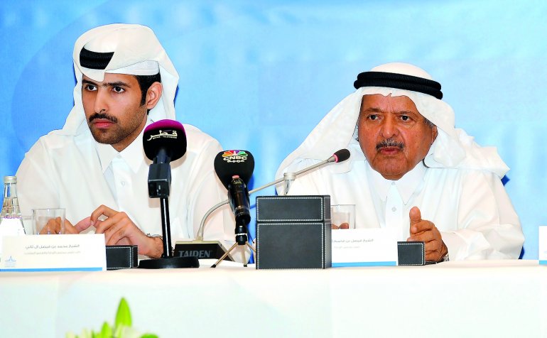 Aamal Company Founder- Chairman Sheikh Faisal bin Qassim Al Thani right of and Vice-Chairman and Managing Director Sheikh Mohamed bin Faisal Al Thani at AGM 17 Apr 2017 Pic Kammutty VP The Peninsula