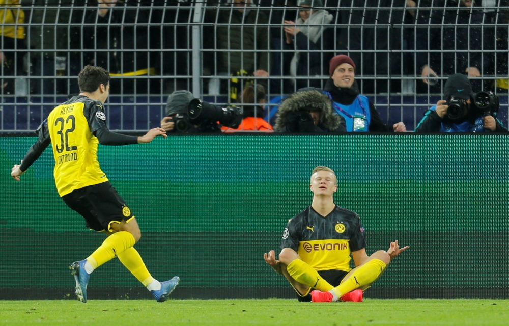 Borussia Dortmund's Erling Braut Haaland celebrates scoring their first goal. REUTERS/Leon Kuegeler