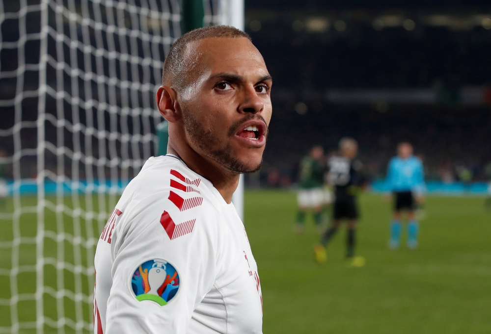  Denmark's Martin Braithwaite celebrates scoring their first goal  November 18, 2019 (REUTERS/David Klein)